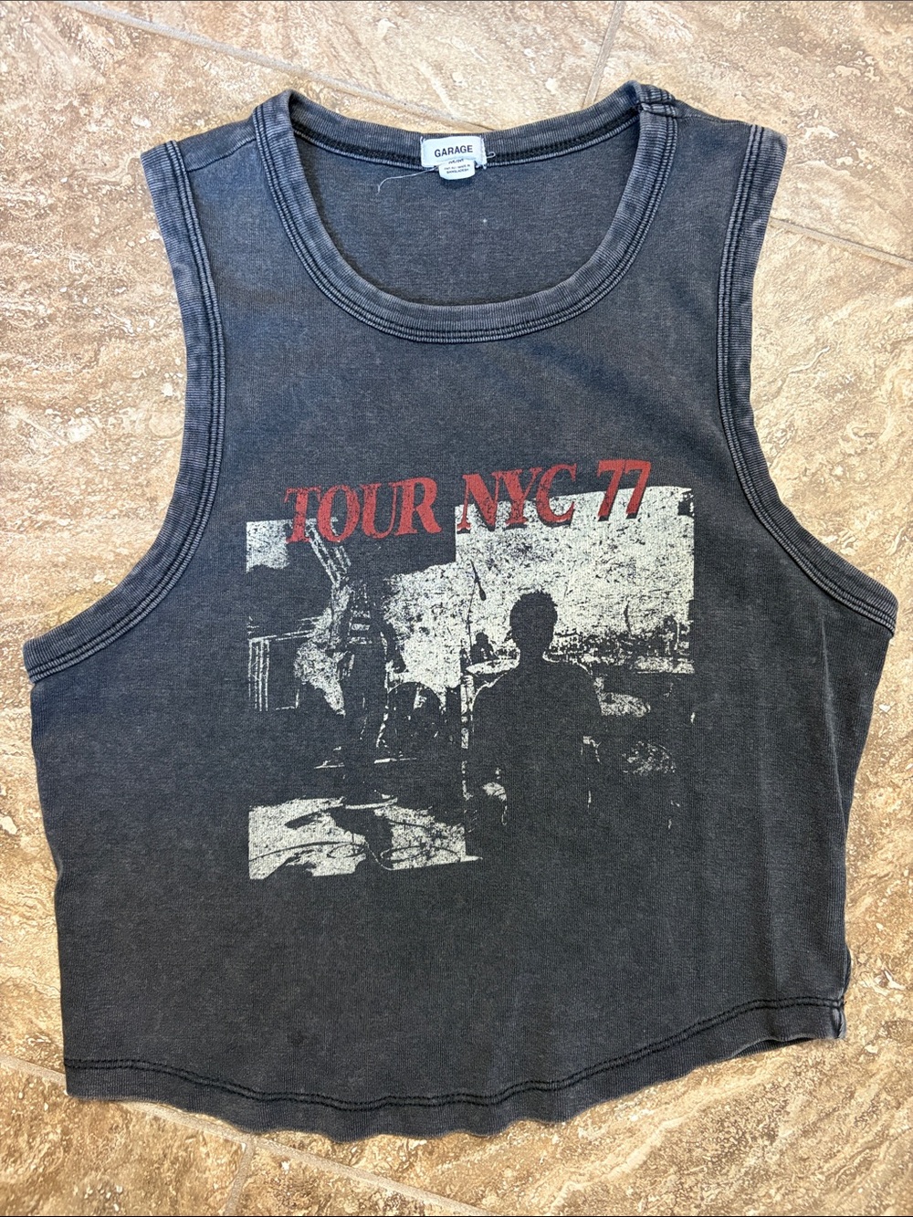 Garage Black Cropped Graphic Tank with Red TOUR NYC 77